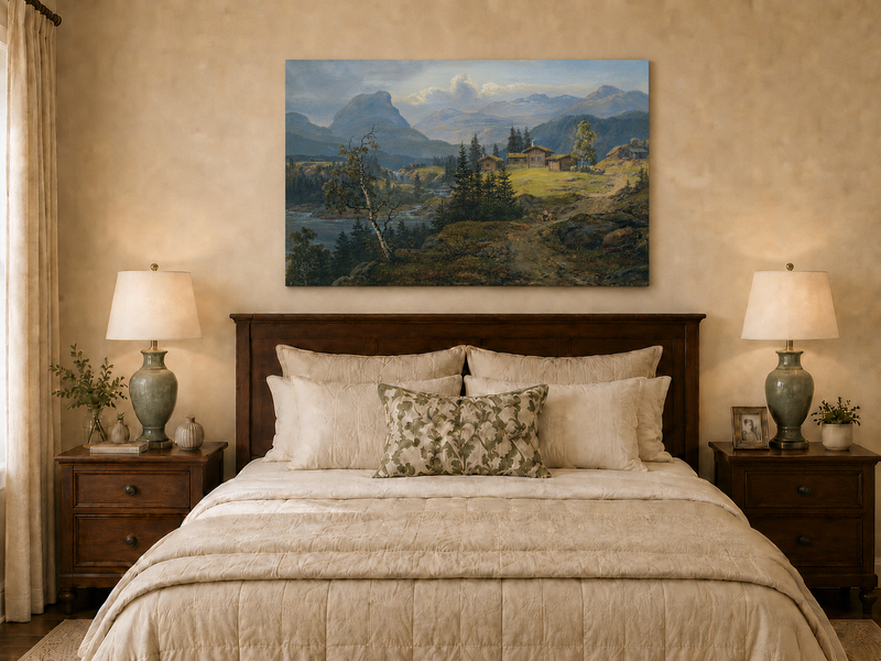 Peinture à l'huile de paysage - Gouffre rocheux spectaculaire avec personnages