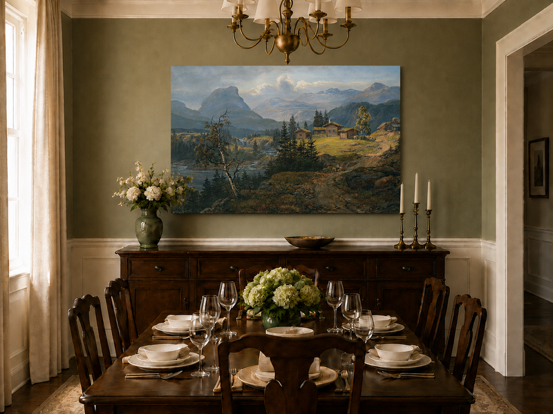 Peinture à l'huile de paysage - Gouffre rocheux spectaculaire avec personnages