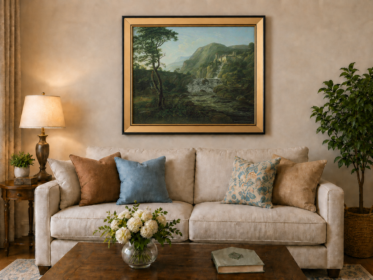 Peinture à l'huile de paysage - Village côtier avec phare et coucher de soleil