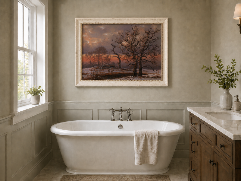 Landscape Oil Painting - Winter Sunset with Bare Trees and Deer