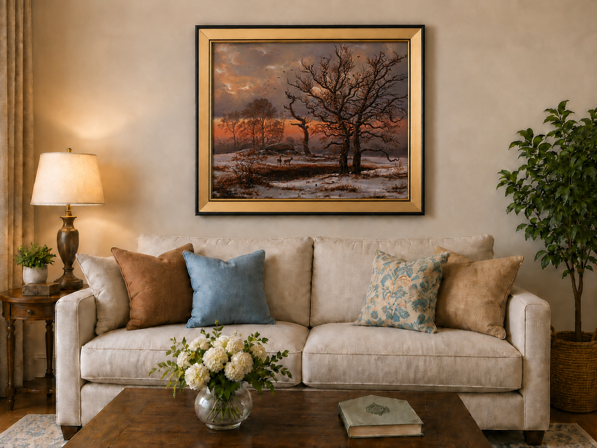 Landscape Oil Painting - Winter Sunset with Bare Trees and Deer