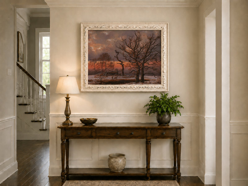 Landscape Oil Painting - Winter Sunset with Bare Trees and Deer
