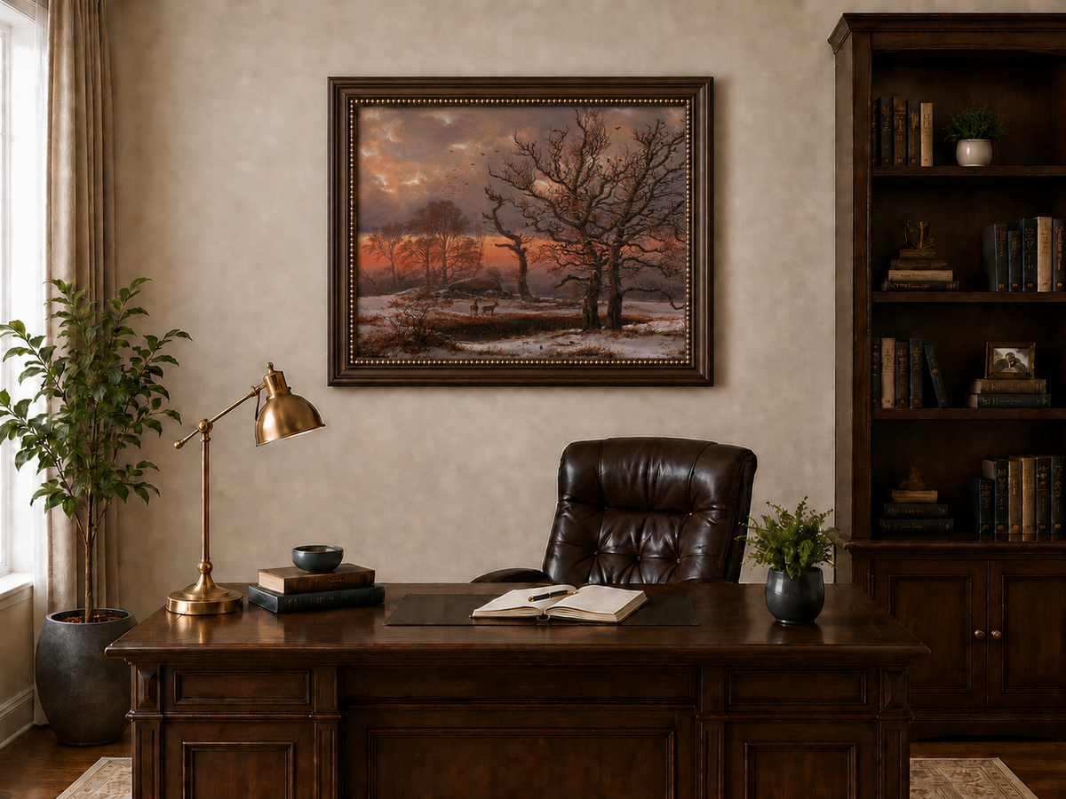 Landscape Oil Painting - Winter Sunset with Bare Trees and Deer