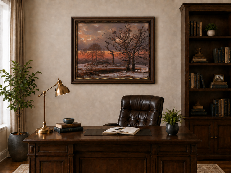 Landscape Oil Painting - Winter Sunset with Bare Trees and Deer