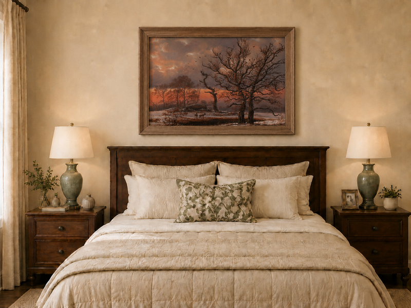 Landscape Oil Painting - Winter Sunset with Bare Trees and Deer