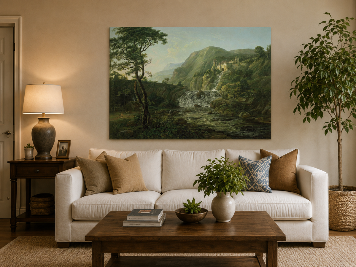 Peinture à l'huile de paysage - Village côtier avec phare et coucher de soleil