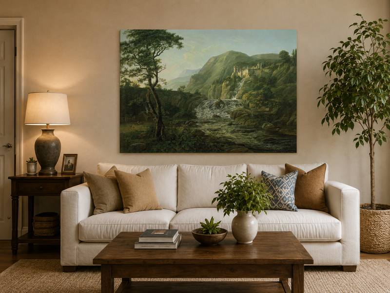 Peinture à l'huile de paysage - Village côtier avec phare et coucher de soleil