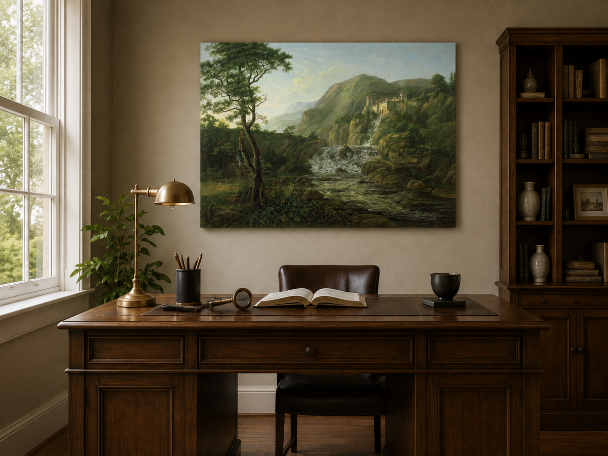 Peinture à l'huile de paysage - Village côtier avec phare et coucher de soleil