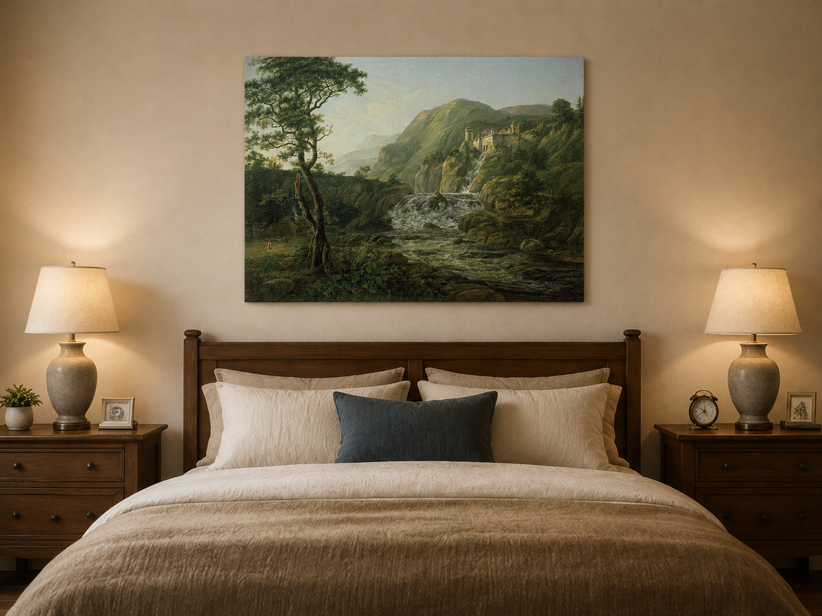 Peinture à l'huile de paysage - Village côtier avec phare et coucher de soleil