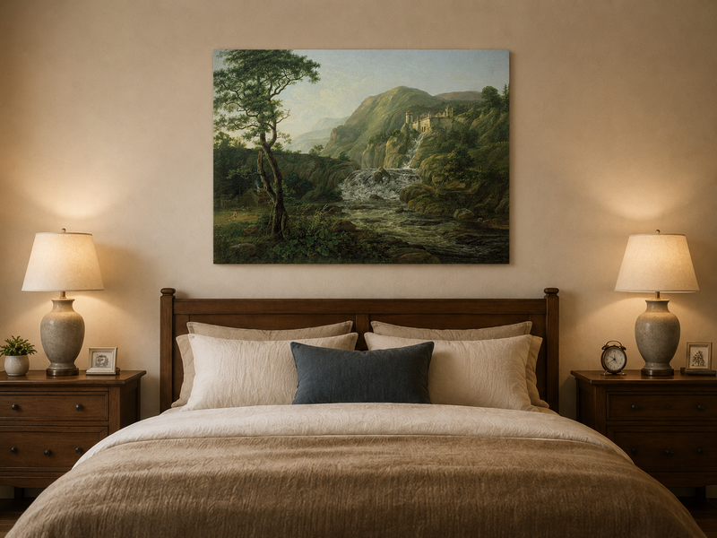 Peinture à l'huile de paysage - Village côtier avec phare et coucher de soleil