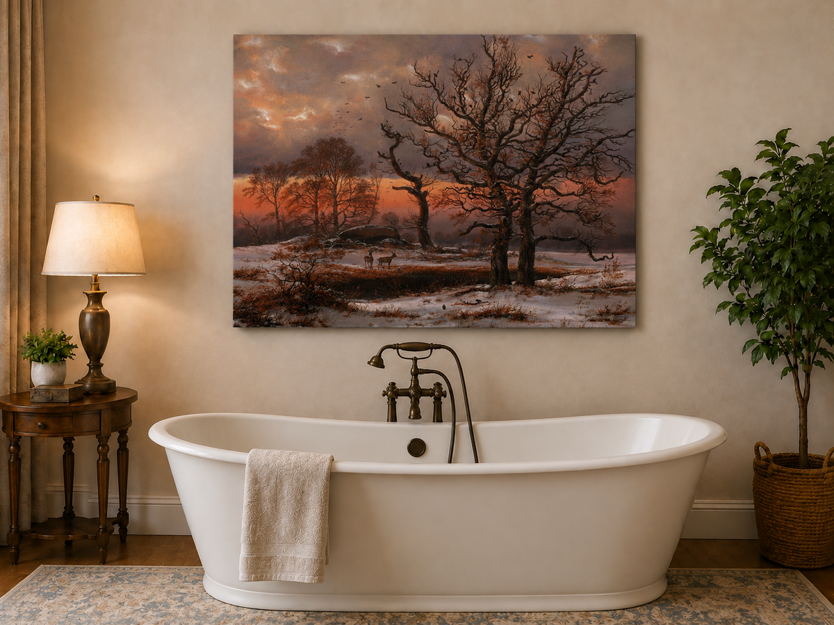 Landscape Oil Painting - Winter Sunset with Bare Trees and Deer