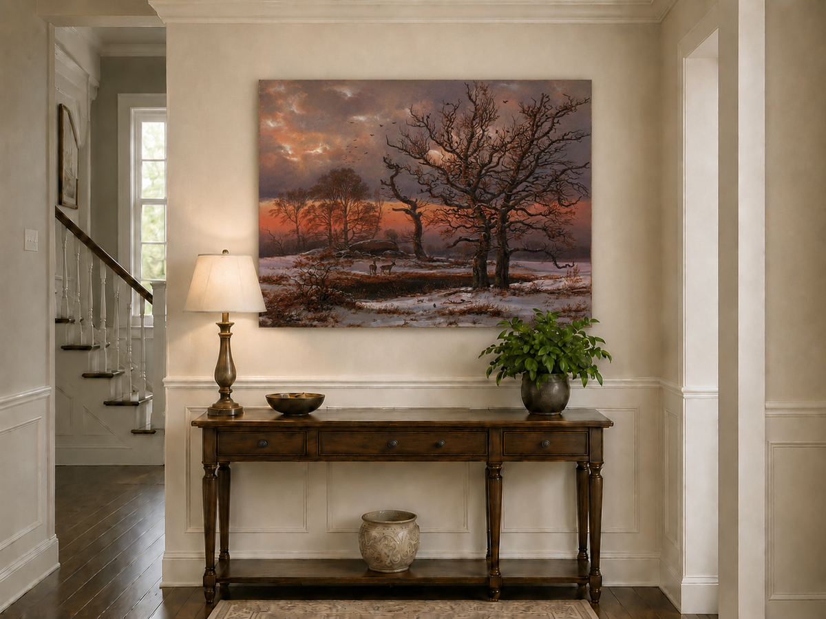 Landscape Oil Painting - Winter Sunset with Bare Trees and Deer
