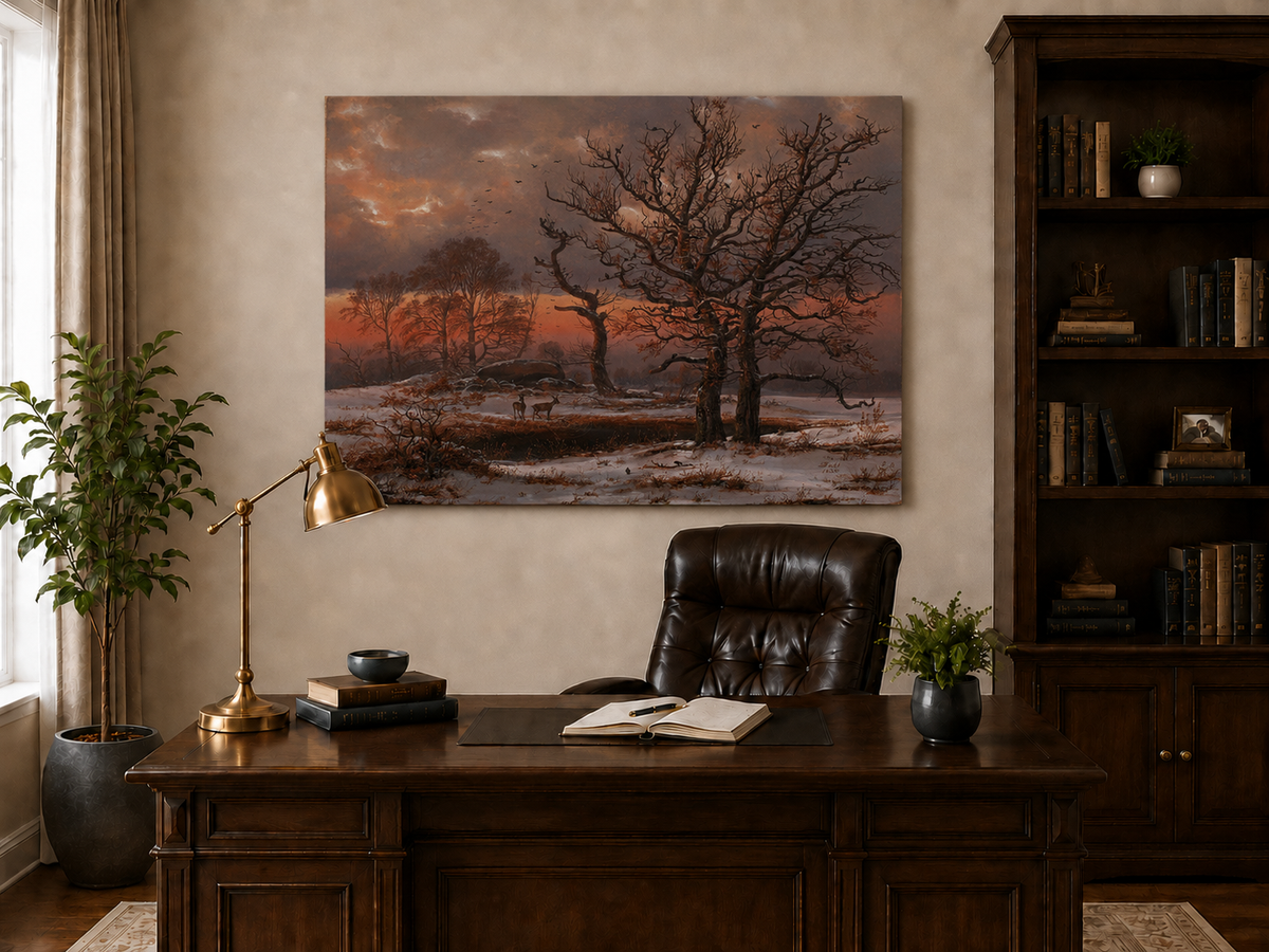Landscape Oil Painting - Winter Sunset with Bare Trees and Deer