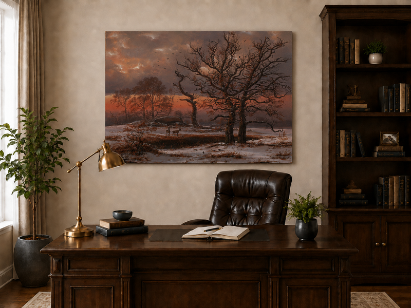 Landscape Oil Painting - Winter Sunset with Bare Trees and Deer