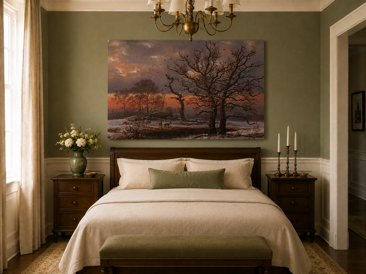 Landscape Oil Painting - Winter Sunset with Bare Trees and Deer