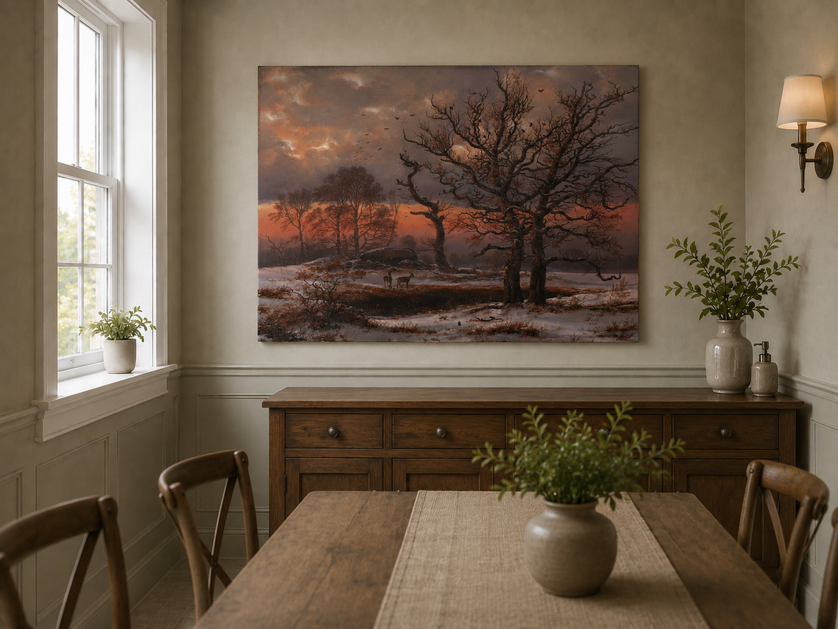 Landscape Oil Painting - Winter Sunset with Bare Trees and Deer