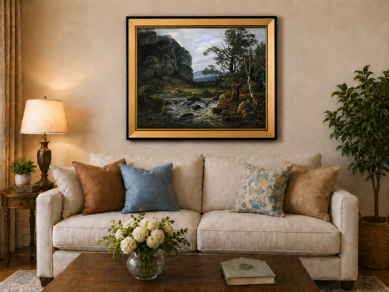 Peinture à l'huile de paysage - Village côtier avec phare et coucher de soleil