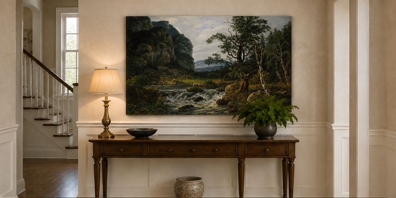 Peinture à l'huile de paysage - Village côtier avec phare et coucher de soleil