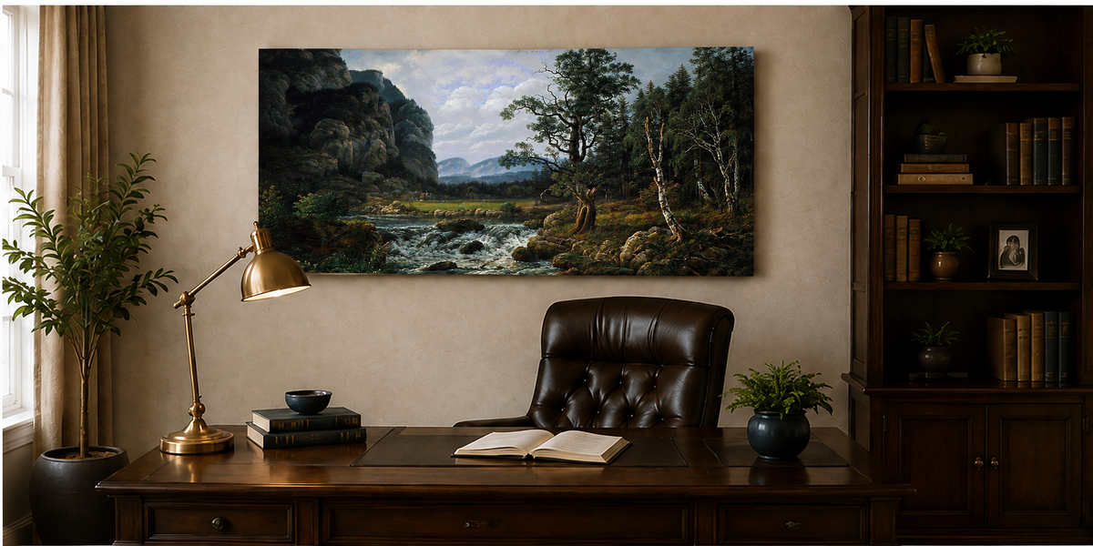 Peinture à l'huile de paysage - Village côtier avec phare et coucher de soleil