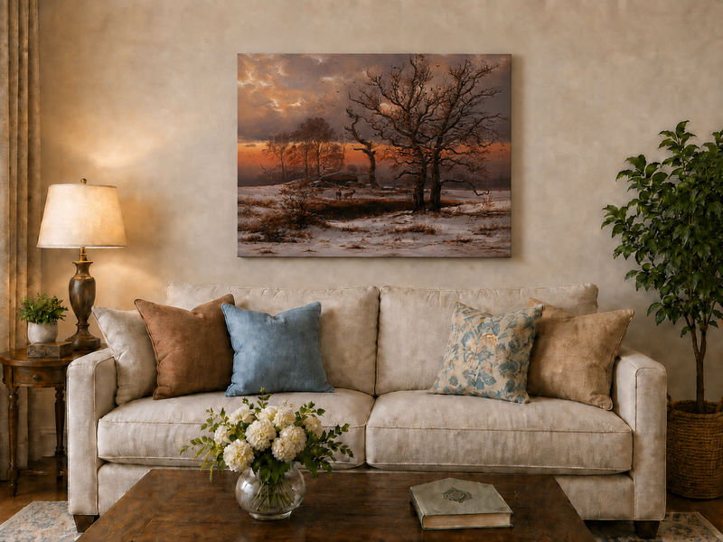 Landscape Oil Painting - Winter Sunset with Bare Trees and Deer