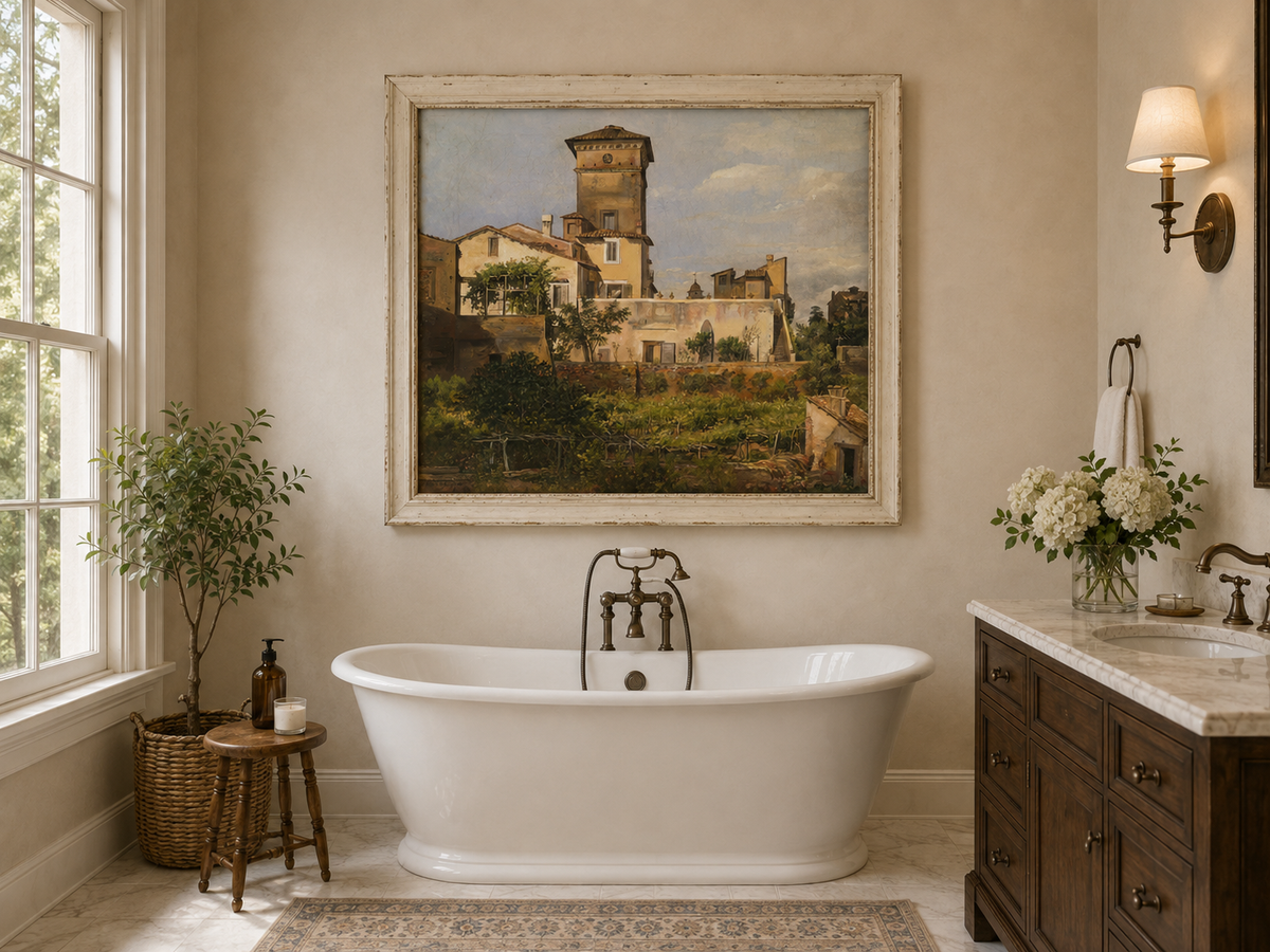 Peinture à l'huile de paysage - Tour de villa à l'italienne et verdure