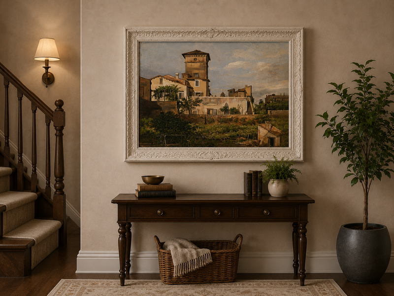 Peinture à l'huile de paysage - Tour de villa à l'italienne et verdure