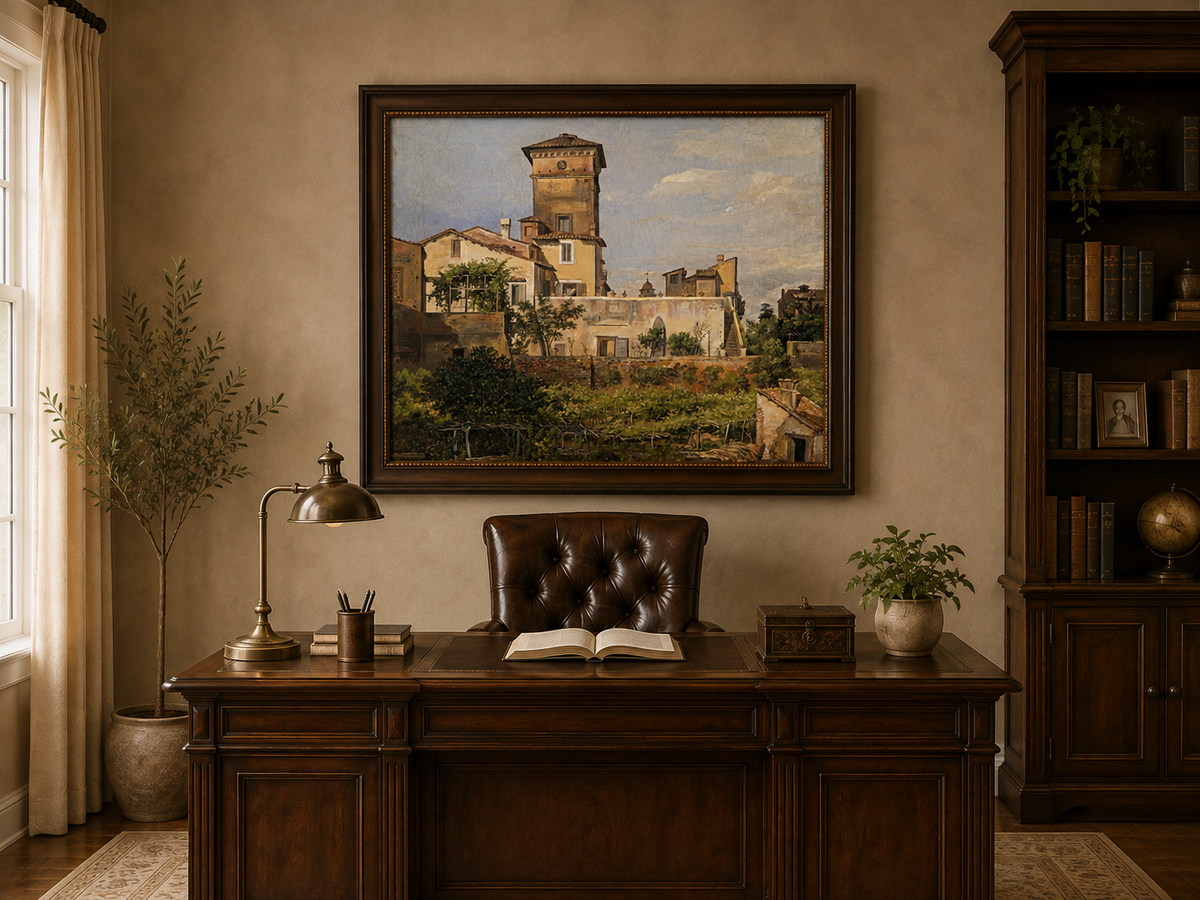 Peinture à l'huile de paysage - Tour de villa à l'italienne et verdure