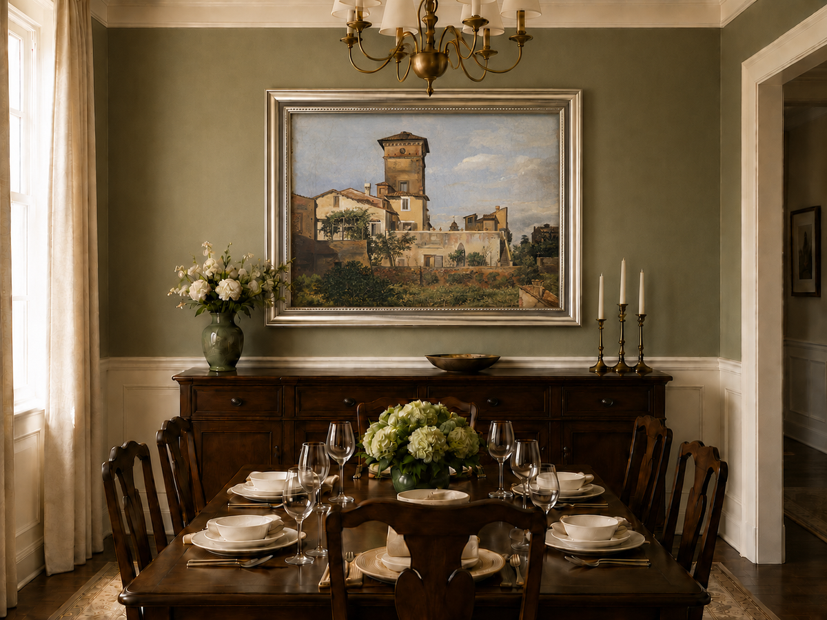 Peinture à l'huile de paysage - Tour de villa à l'italienne et verdure