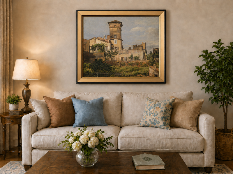 Peinture à l'huile de paysage - Tour de villa à l'italienne et verdure