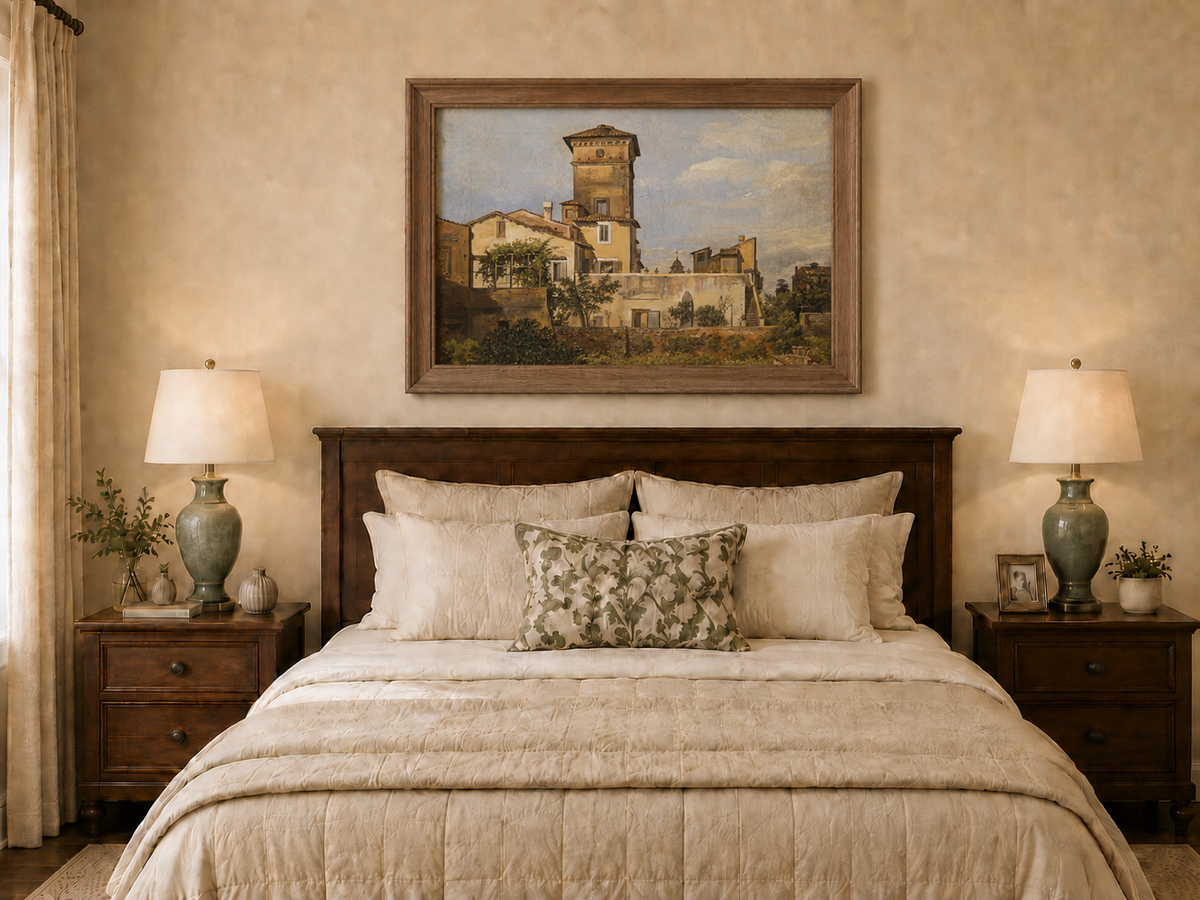 Peinture à l'huile de paysage - Tour de villa à l'italienne et verdure