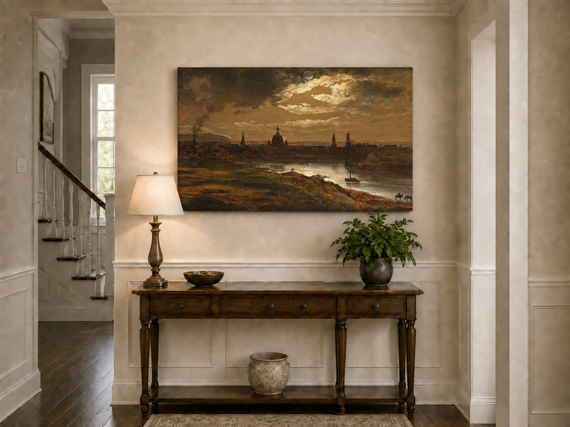 Landschaft Ölgemälde - Stadt am Flussufer Abenddämmerung Historisch