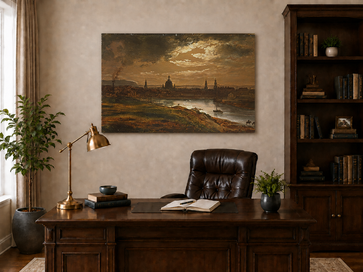 Landschaft Ölgemälde - Stadt am Flussufer Abenddämmerung Historisch
