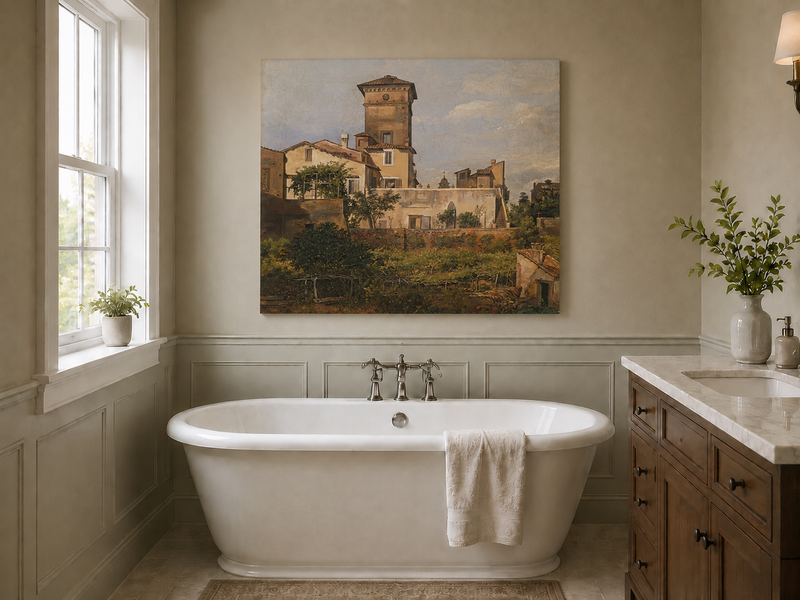 Peinture à l'huile de paysage - Tour de villa à l'italienne et verdure