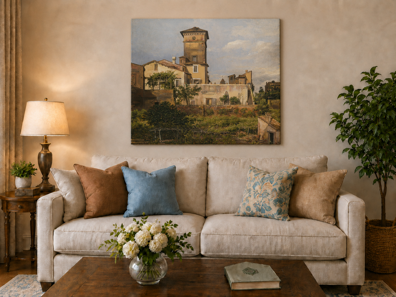 Peinture à l'huile de paysage - Tour de villa à l'italienne et verdure