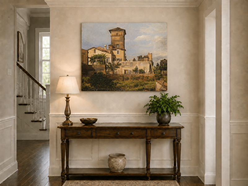 Peinture à l'huile de paysage - Tour de villa à l'italienne et verdure