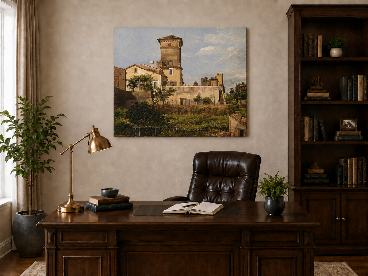 Peinture à l'huile de paysage - Tour de villa à l'italienne et verdure