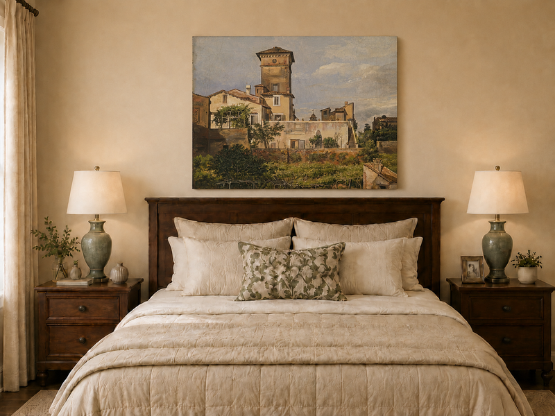 Peinture à l'huile de paysage - Tour de villa à l'italienne et verdure