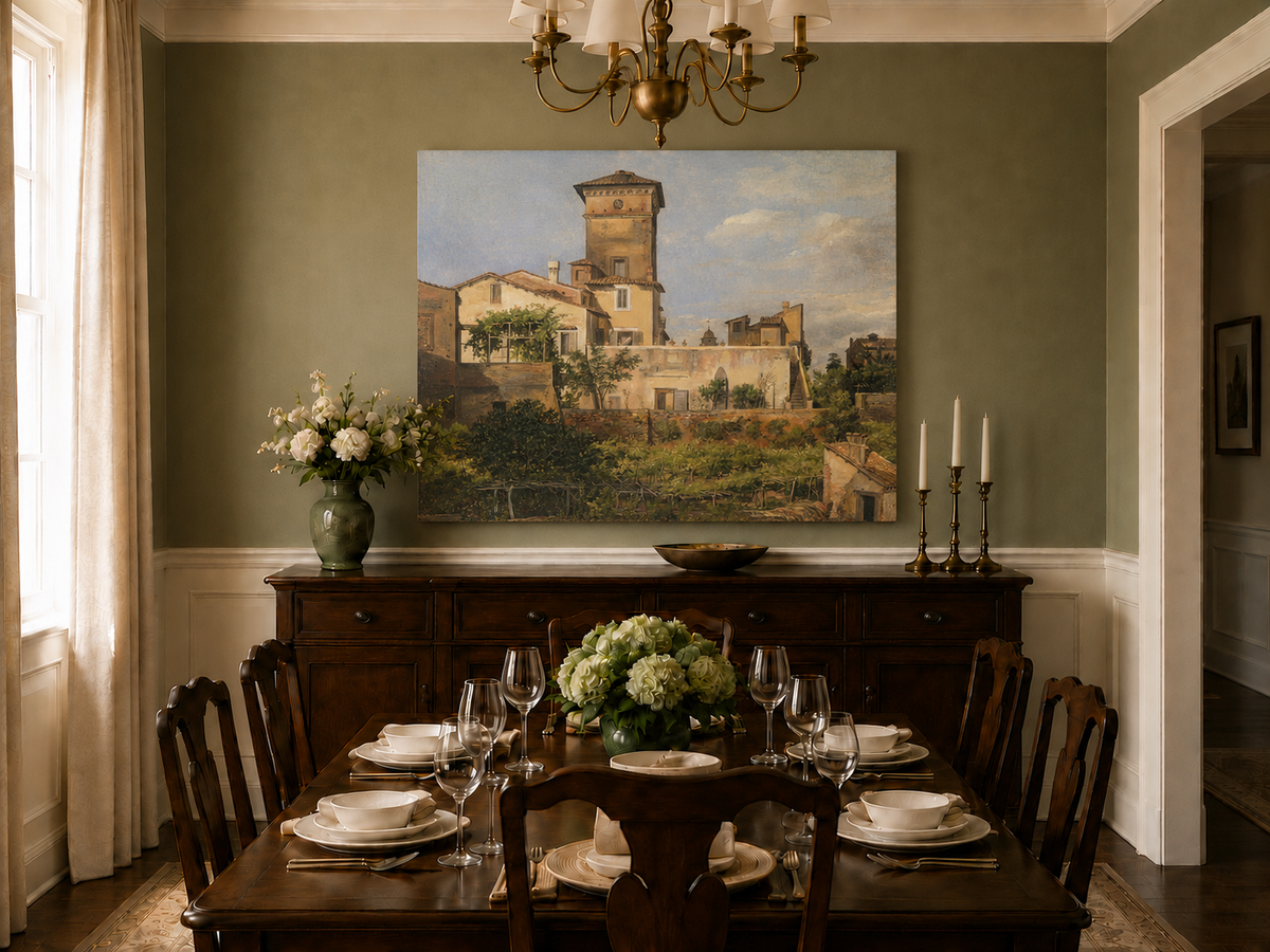Peinture à l'huile de paysage - Tour de villa à l'italienne et verdure