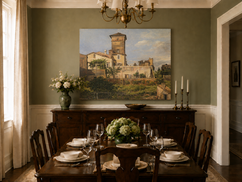 Peinture à l'huile de paysage - Tour de villa à l'italienne et verdure
