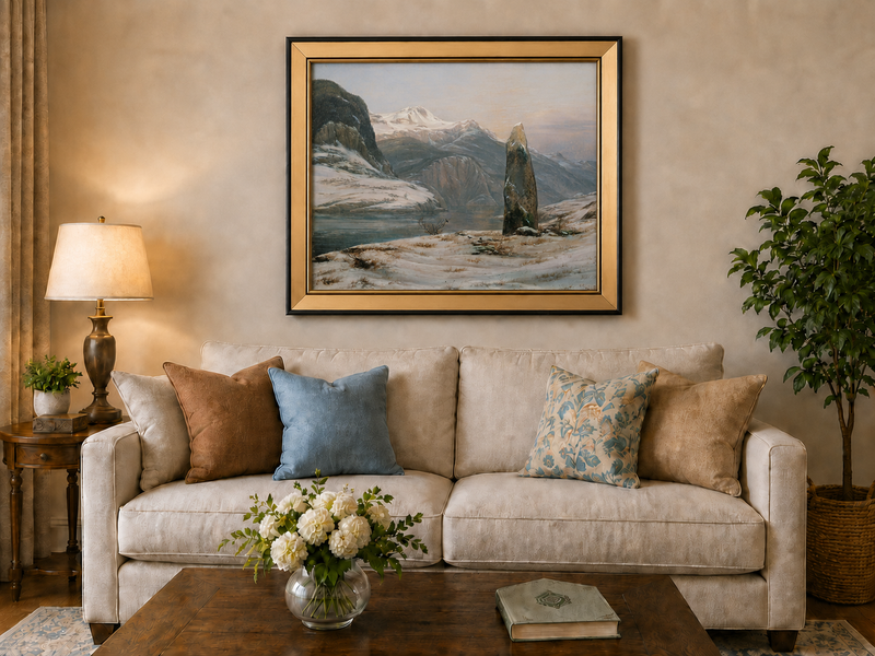 Landscape Oil Painting - Snowy Mountain Lake with Standing Stone