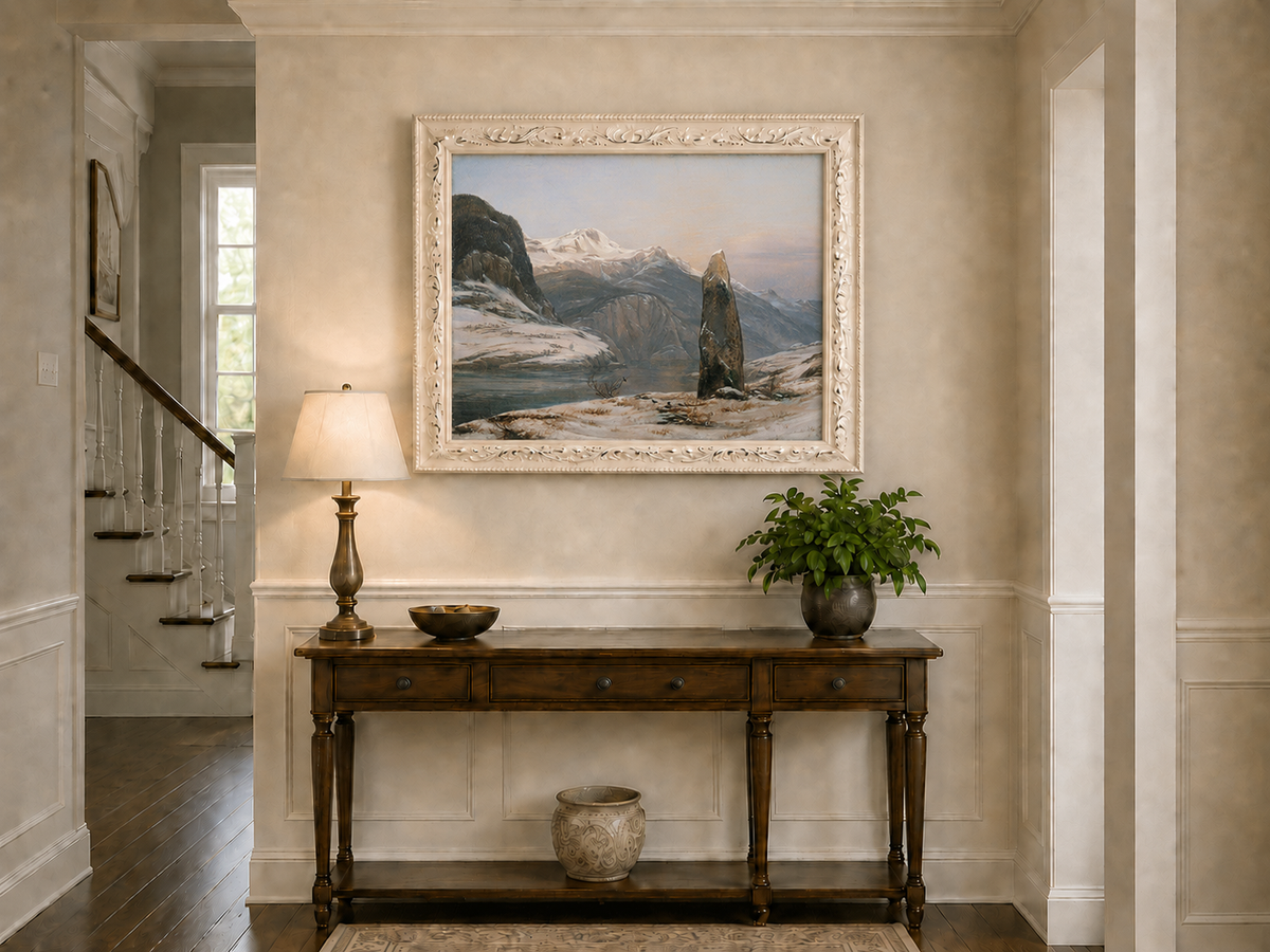 Landscape Oil Painting - Snowy Mountain Lake with Standing Stone