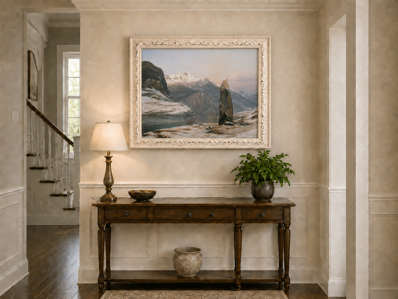 Landscape Oil Painting - Snowy Mountain Lake with Standing Stone
