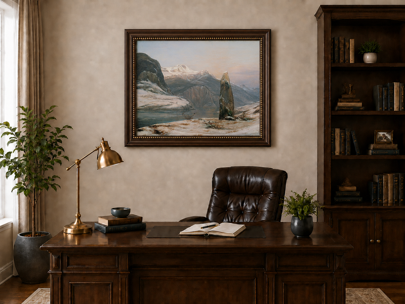 Landscape Oil Painting - Snowy Mountain Lake with Standing Stone