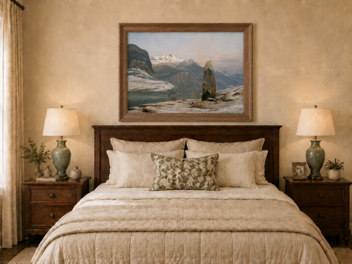 Landscape Oil Painting - Snowy Mountain Lake with Standing Stone
