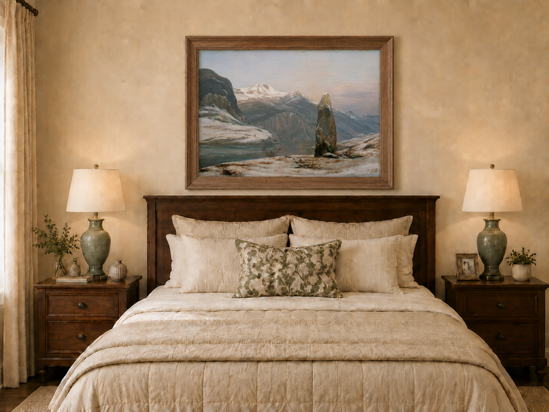 Landscape Oil Painting - Snowy Mountain Lake with Standing Stone