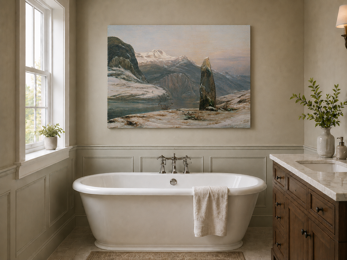 Landscape Oil Painting - Snowy Mountain Lake with Standing Stone