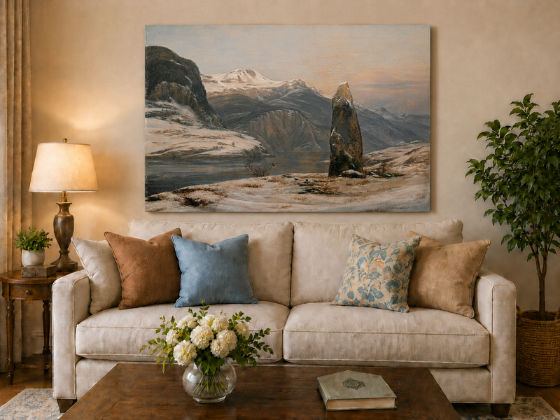 Landscape Oil Painting - Snowy Mountain Lake with Standing Stone