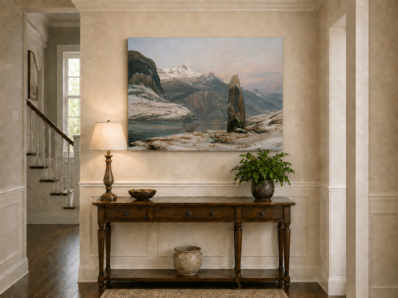 Landscape Oil Painting - Snowy Mountain Lake with Standing Stone