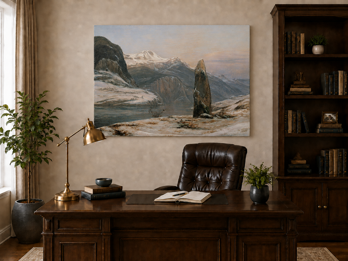 Landscape Oil Painting - Snowy Mountain Lake with Standing Stone