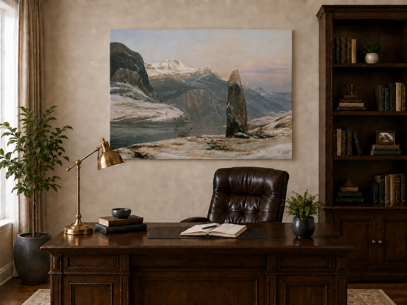 Landscape Oil Painting - Snowy Mountain Lake with Standing Stone